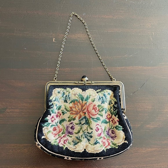 Unbranded Handbags - Vintage Needlepoint Floral Petit Point Evening Bag Black Brass Frame Chain Strap